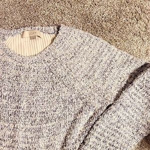 Loft , subtle high low cozy sweater, two toned cream and navy knitting